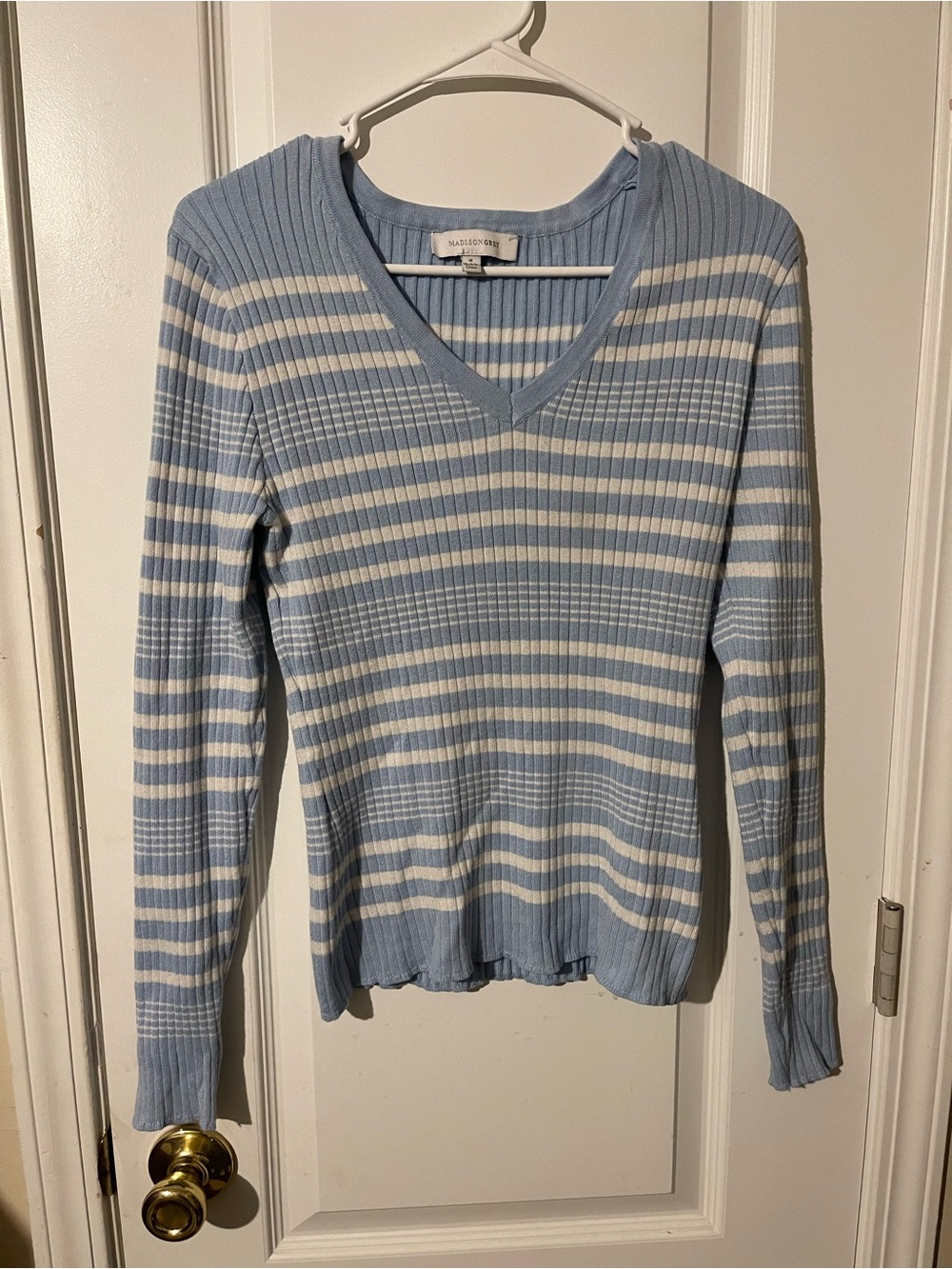 Madison Sky Blue & White Striped Ribbed V-Neck Sweater